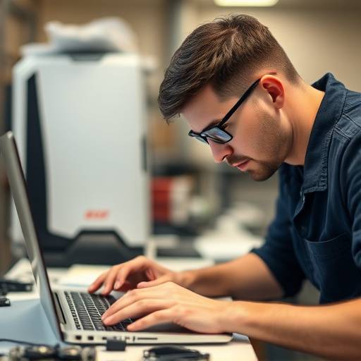 A computer repair technician fixing a laptop