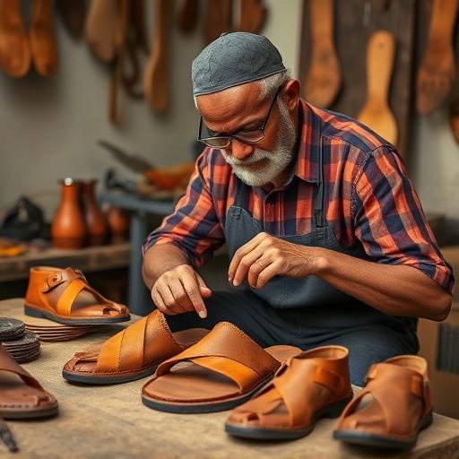 A craftsman making leather sandals at 'Safari Leather Goods' workshop in Pretoria