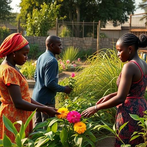 A diverse group of South Africans working together in a community garden, symbolizing Ubuntu.