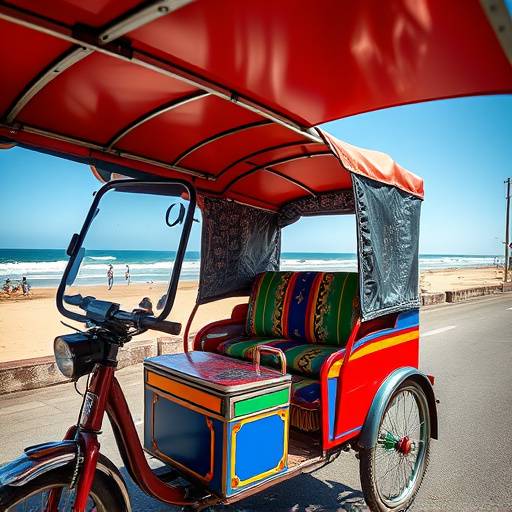 A 'Durban Rickshaws' rickshaw decorated with vibrant colors, being pulled along the Durban beachfront promenade.
