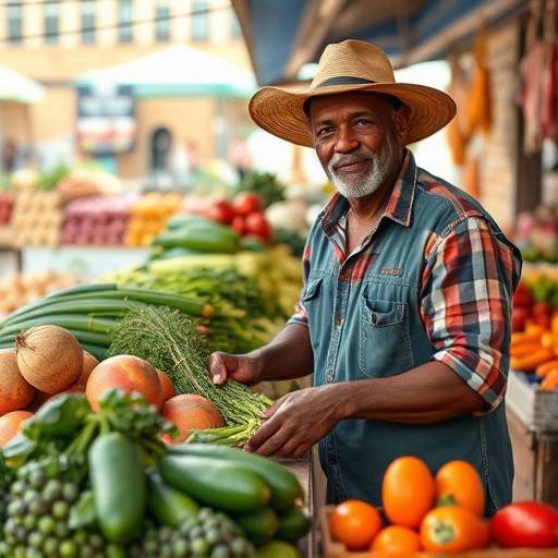 A farmer displaying fresh produce at 'Golden Harvest Farms' stall in Johannesburg market