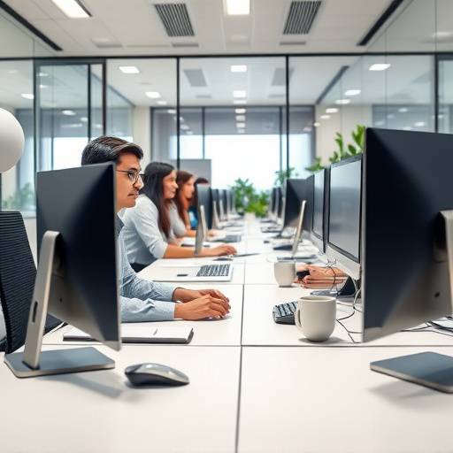 A modern office space at 'Growth Solutions Consulting' in Pretoria, with employees working on computers.