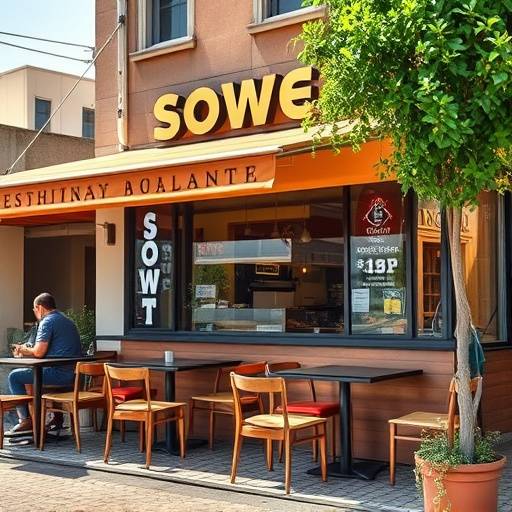 Exterior of 'Mzansi Flavours' restaurant in Soweto, Johannesburg, showing the outdoor seating area.