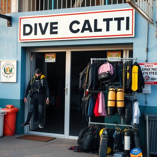 Exterior shot of 'Umhlanga Rocks Dive Centre' in Durban, with diving gear visible.
