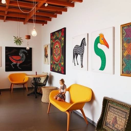 Interior of 'Khayelitsha Art Collective', showing various paintings and sculptures
